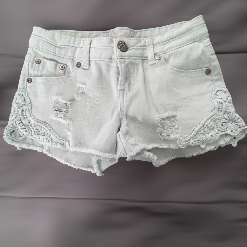 Vanilla Star Light Aqua Jean Shorts with Lace Detail and Distressing